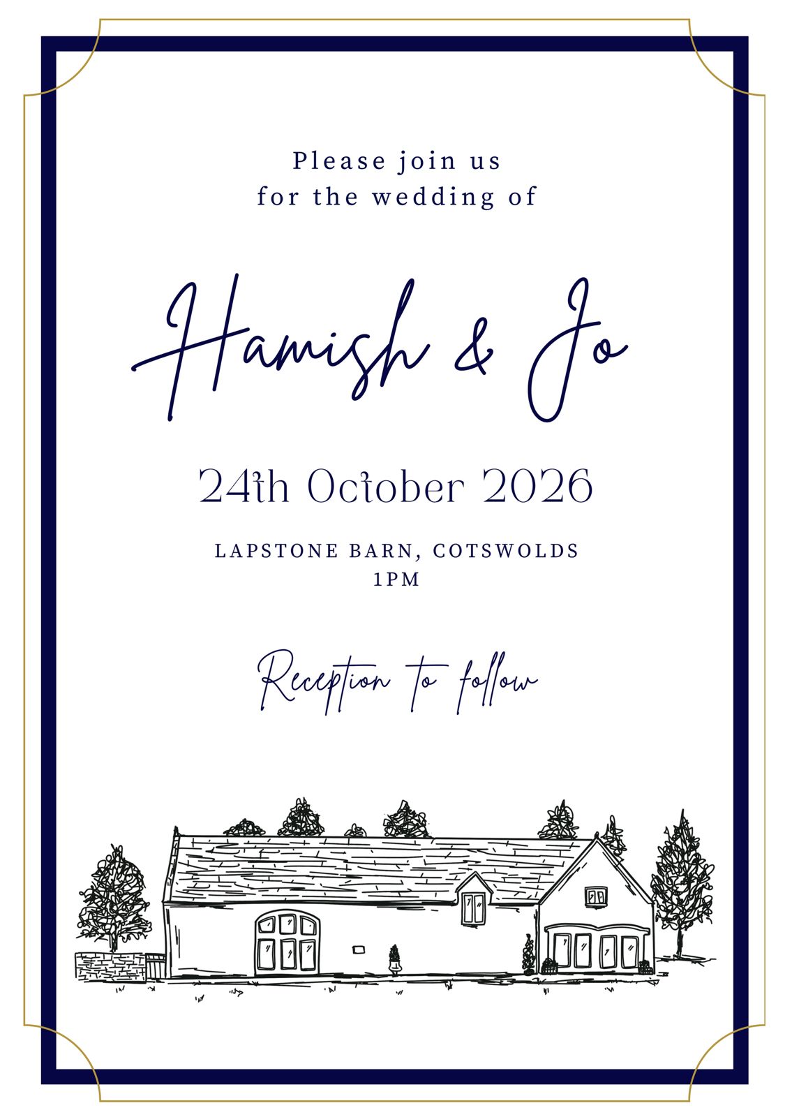 Hamish & Jo wedding invitation — 24th October 2026, Lapstone Barn, Cotswolds
