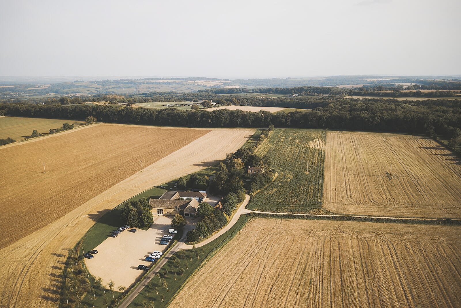 Aerial view of Lapstone Barn and the surrounding Cotswold estate