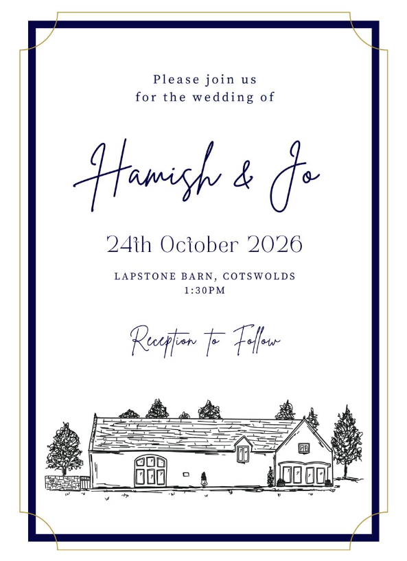 Hamish & Jo wedding invitation — 24th October 2026, Lapstone Barn, Cotswolds